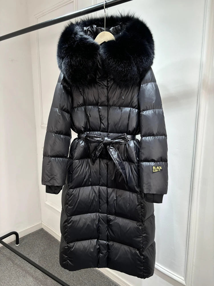 Janveny X-long Shiny Puffer Jacket Women Hooded Winter Thick Goose Down Coat Belt Large Natural Fox Fur Female Parkas Waterproof