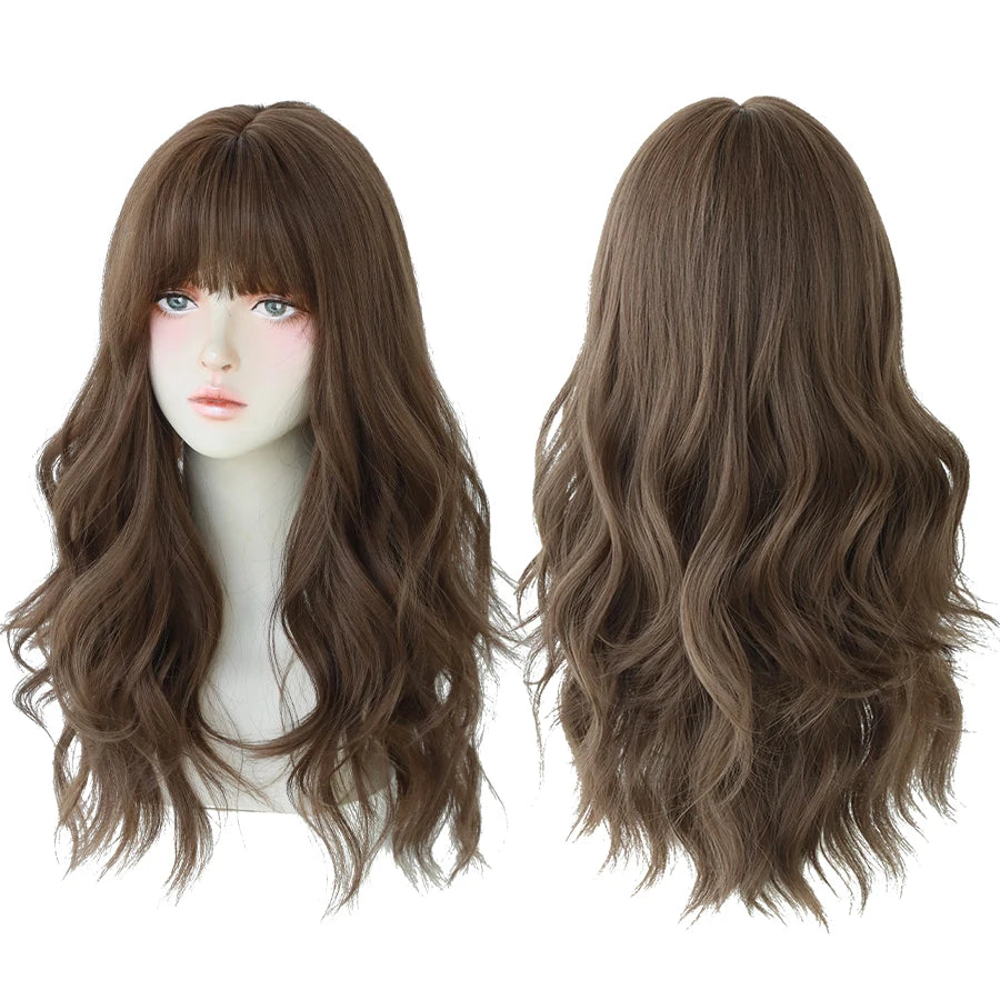 7JHH WIGS Popular Brown Ash Long Deep Wave Hair Lolita Wigs With Bangs Synthetic Wig For Women Fashion Thick Curls Wigs Girl