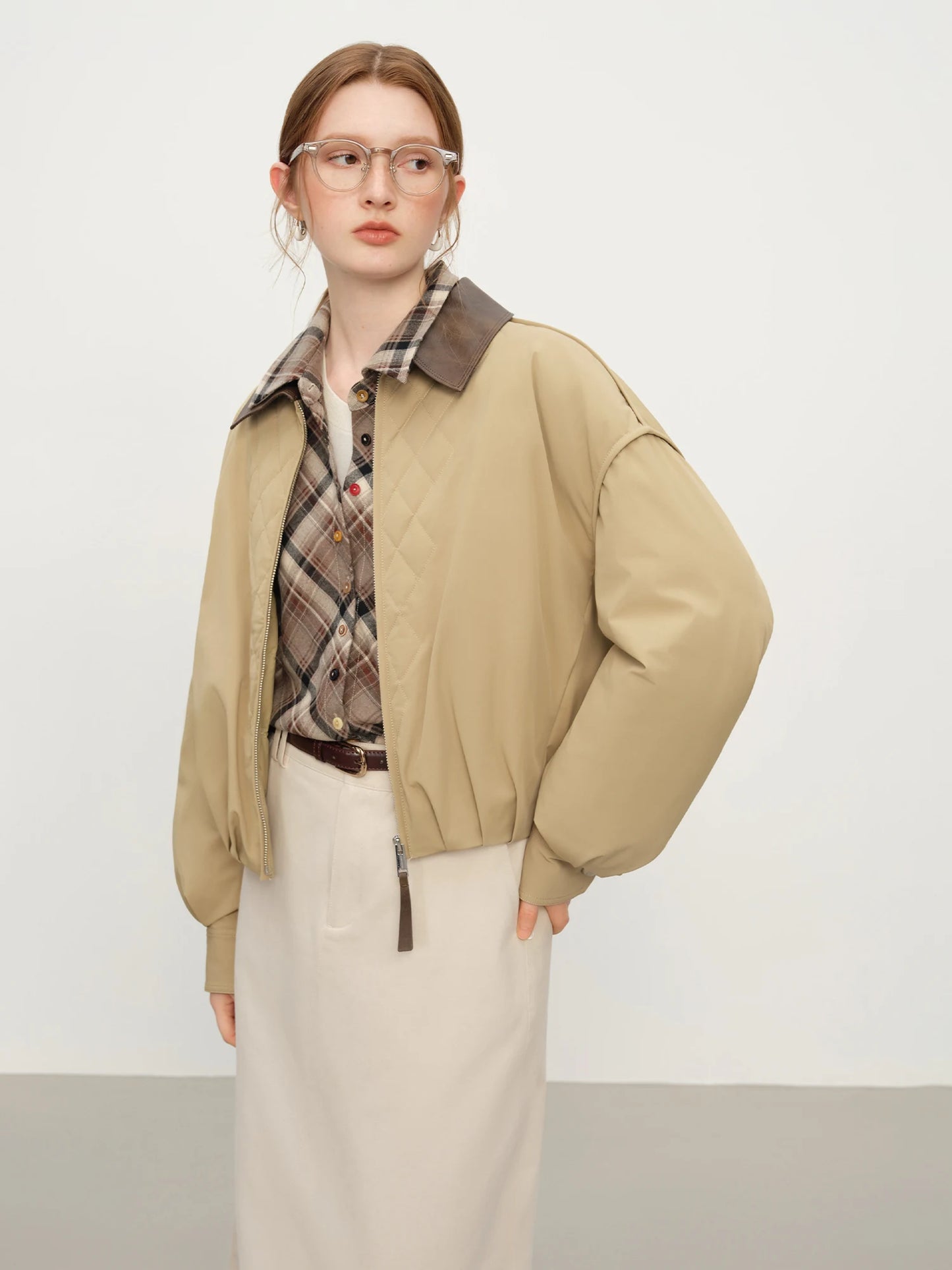 FSLE Barn Style Lightweight Padded Jacket Women's 2025 Winter Vintage Academic Plaid Panel Short Coat Retro College Outerwear