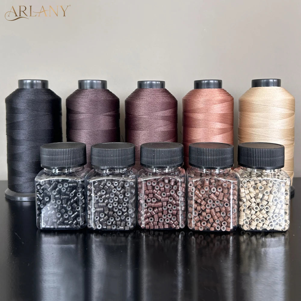 ARLANY 1000Pcs Micro Rings Links Beads Weft Extension Kit With Nylon Bonded Sewing Thread For Sew-In Weft Hair Extension