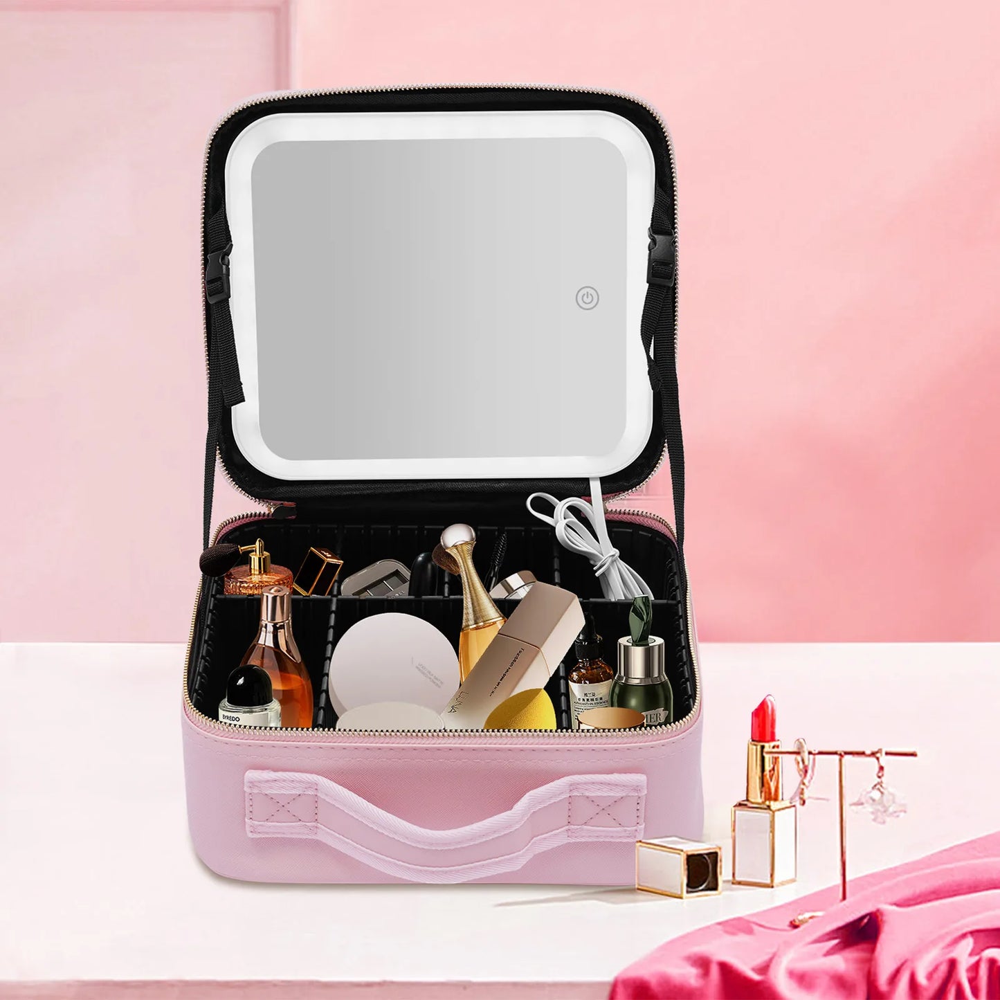 Makeup Train Case with Large Lighted Mirror Adjustable Brightness Large Cosmetic Organizer Storage Adjustable Dividers