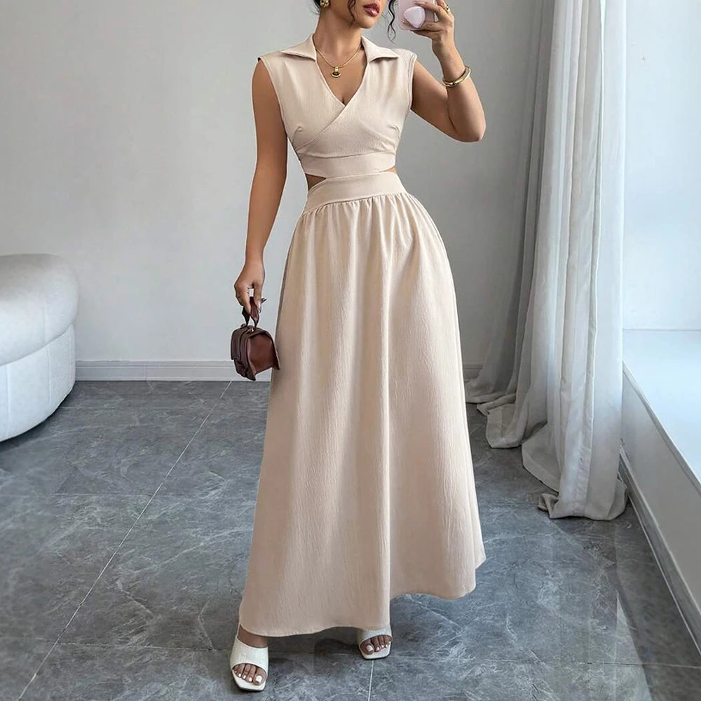 Mia Muse Dresses Summer Comfortable French Elegant Fashion Cut-Out Chic Sleeveless V-Neck Maxi Sweet Dating Dresses For Women