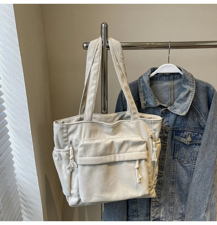 Multi-pocket Women's Bag Corduroy Shoulder Bag Large Capacity Simple Handbag For Female Shopping Bag