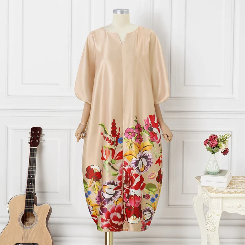 Bohemian Maxi Long Dress 2025 Women Satin Silk Sundress Elegant Summer Half Sleeve V Neck Vestidos Oversized Casual Loose Robe
