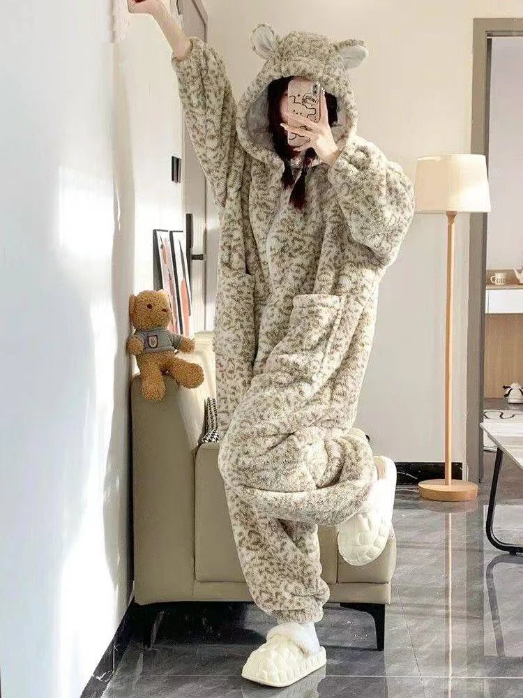 Leopard Hooded Pajamas Animal Kigurumi Unicorn Adult Onesies for Women Winter Sleepwear Flannel Pochets Overall Sets Slippers