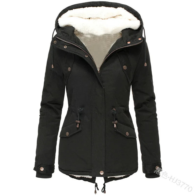 Women's Winter Jacket Warm Solid Plush Thickened Long Winter Coat Outdoor Hiking Hooded Casual Windproof Parka Coat Overcoat