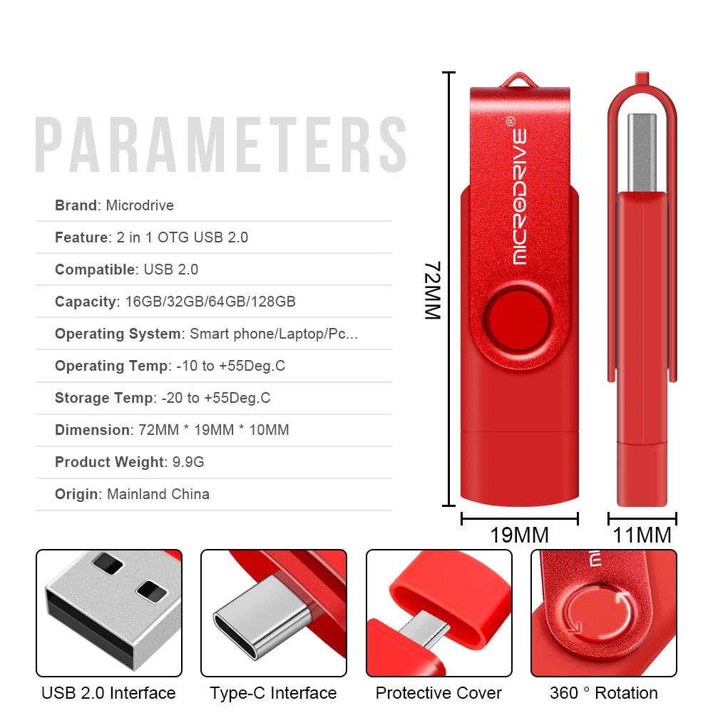 2 in 1 OTG Usb flash drive 256G 128GB 64GB Pendrive 32GB 16GB memory Stick 8GB 4GB Pendrive cle usb 2.0 key with Type C Adapter