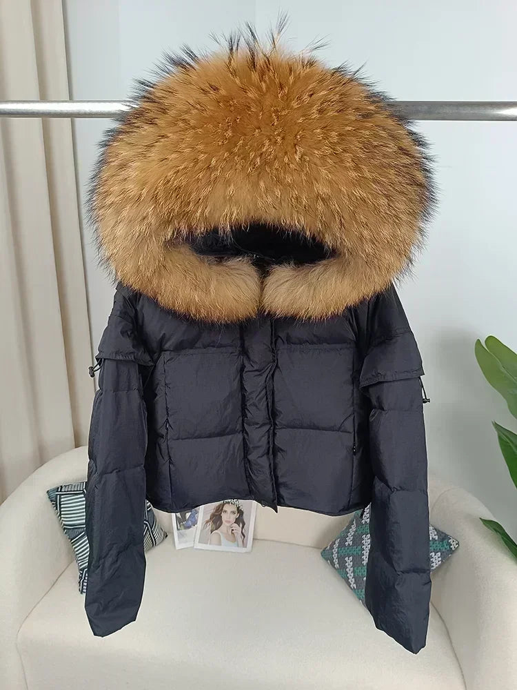 Outerwear Autumn Winter Women Hooded Fashionable Streetwear Detachable Sleeve Real Raccoon Fur Collar Jacket Duck Down Loose