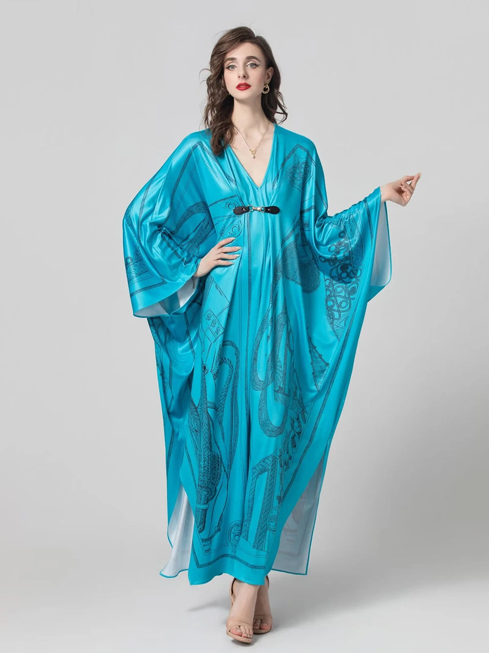 Women's Robes Sexy V Neck Batwing Sleeves Printed Loose Design Elegant Fashion Casul Long Dress Outerwear