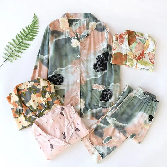 New Spring And Summer Ladies Pajamas Two-piece Viscose Long-sleeved Trousers Big Flower Cardigan Comfortable Home Service Set