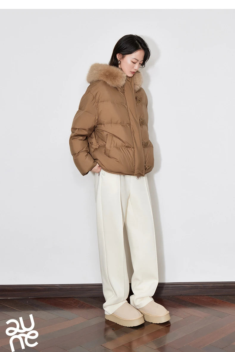 TOYOUTH Women Down Jacket 2024 Winter New 90% White Duck Down Fur Collar Hooded Warm Jacket Coat