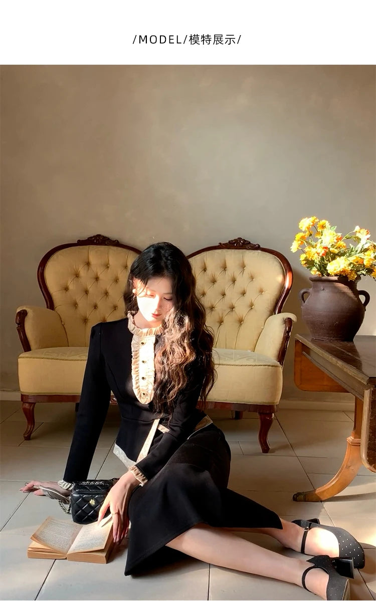 Women Clothes Black Vintage Outfits Elegant Ruffle O-Neck Tops Shirt Blouse And High Waist Midi Skirt Mujer 2 Pieces Set Formal