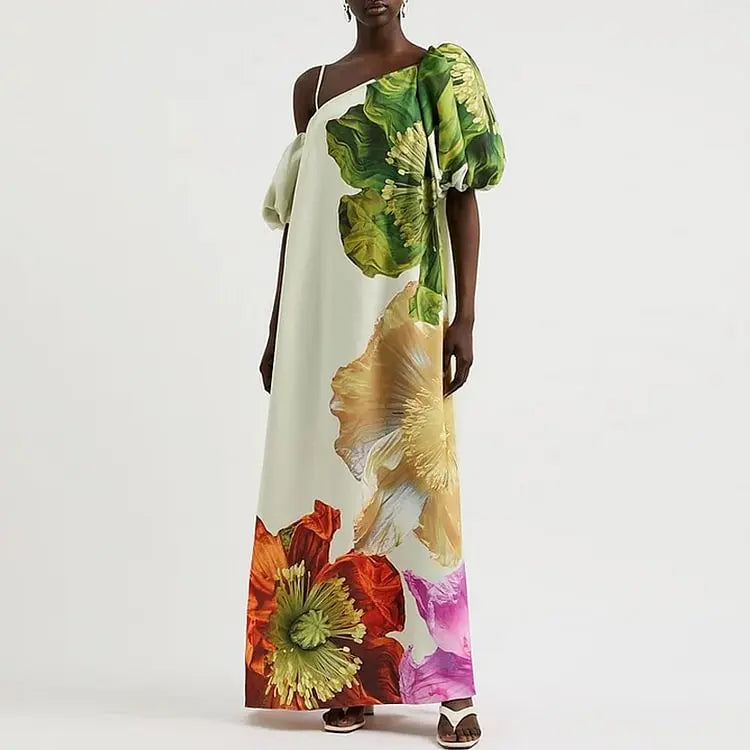 Women New Elegant Floral Printed Evening Maxi Dresses Loose One-Shoulder H-line Vacation Bohemia Dress