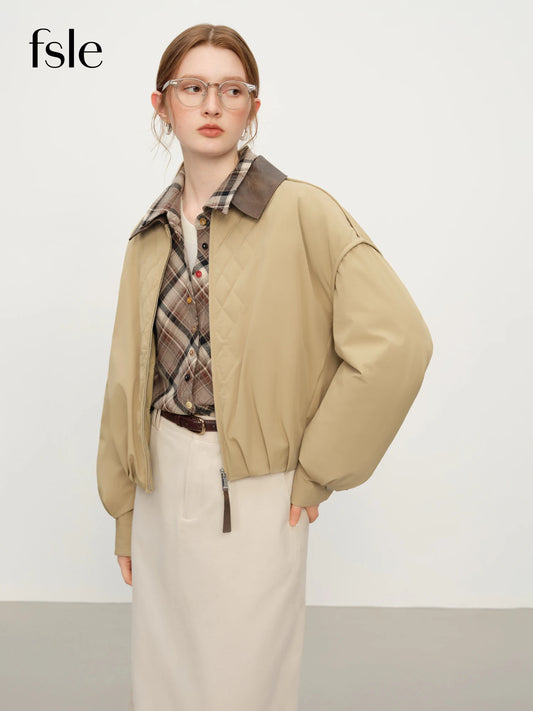 FSLE Barn Style Lightweight Padded Jacket Women's 2025 Winter Vintage Academic Plaid Panel Short Coat Retro College Outerwear