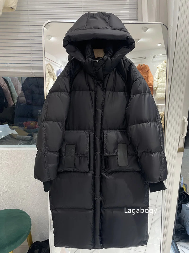 Lagabogy 2025 New Winter Women Puffer Jacket Female White Duck Down Coat Large Version of Warm Hooded Loose Thickened Long Parka