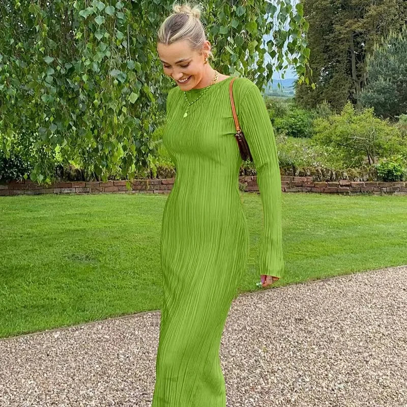 2024 Autumn Elegant Bodycon Dress Women Sexy Solid O Neck Flare Sleeves Long Summer Dresses Holiday Vestidos Black Red Orange