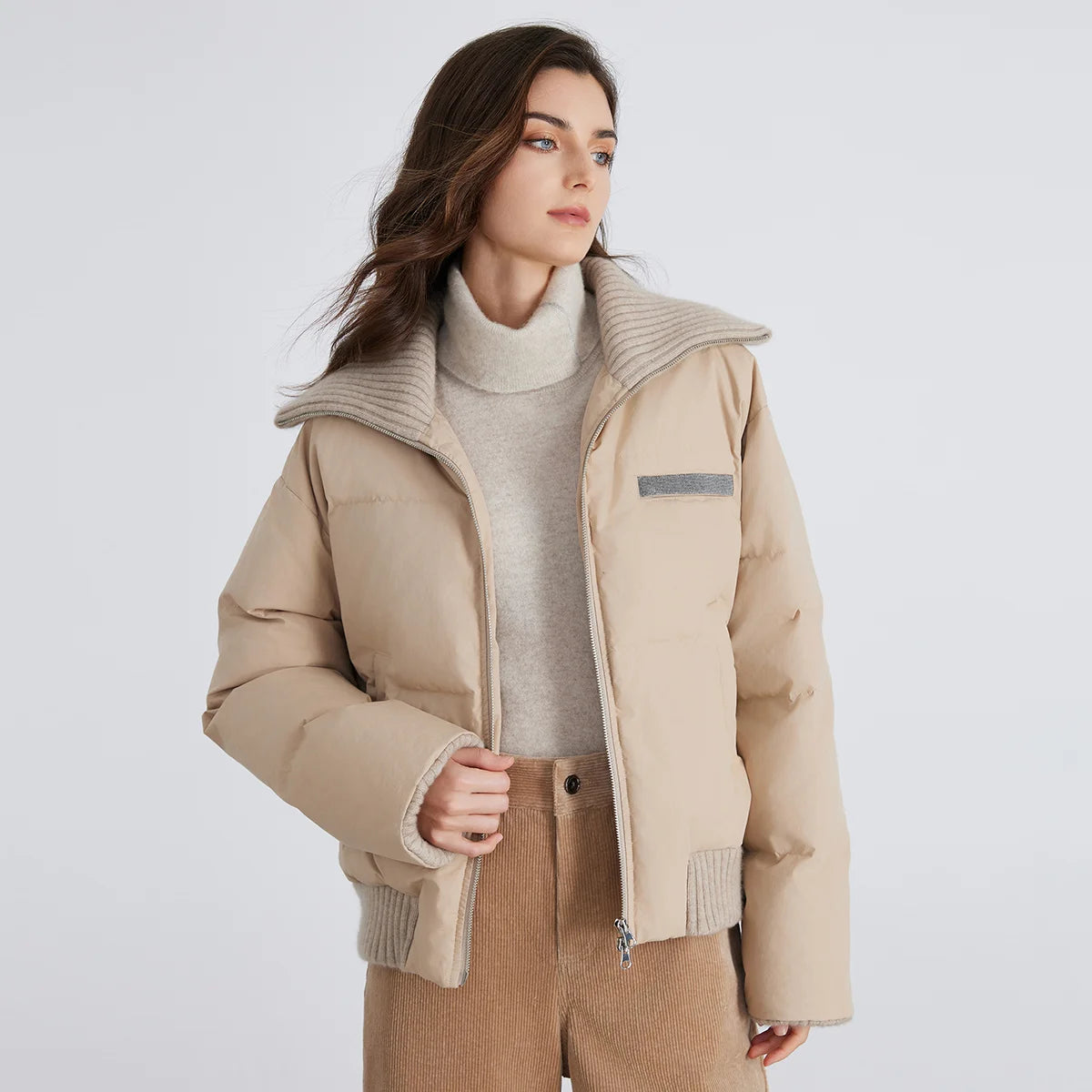 BC835 White goose down with large lapel warm zipper long-sleeved down jacket 100 cashmere warm coat