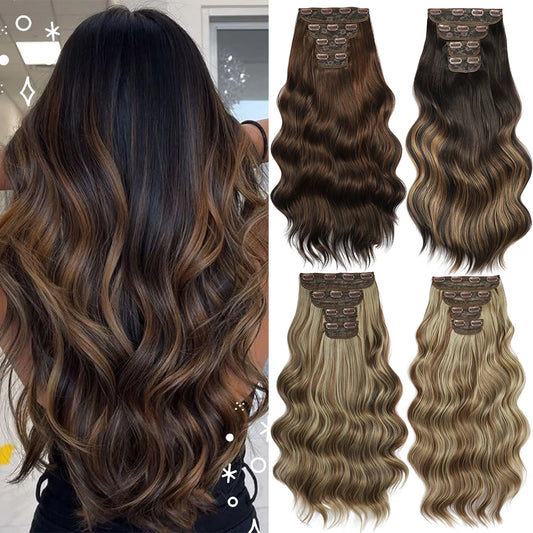 Clip In Hair Extensions 4PCS Full Head 22 Inch Long Curly Wavy Synthetic Hair Pieces Natural Wavy For Women Girls Hair
