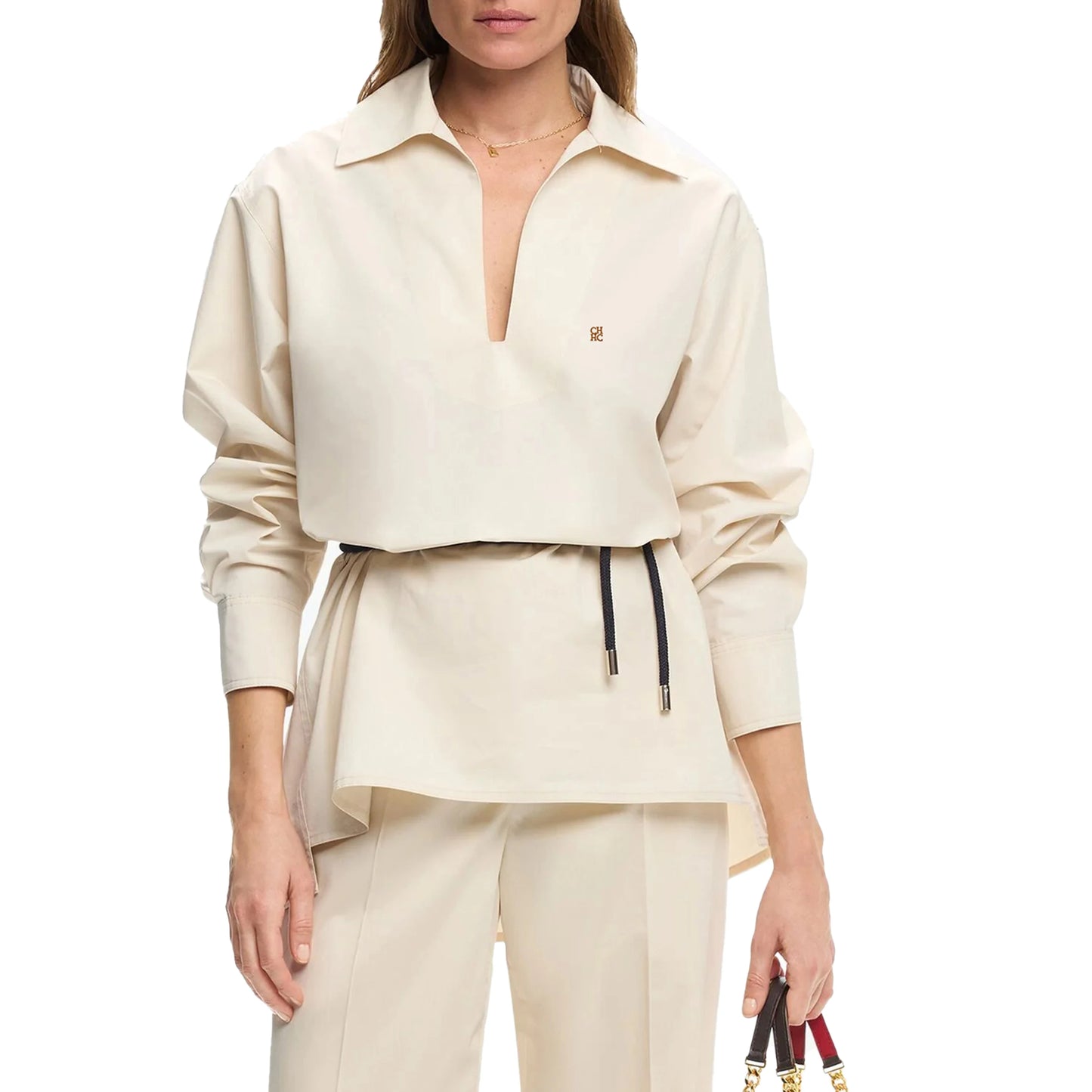 Women Shirts Elegant Soild Embroidery Casual Tops V Neck Long Sleeve Belt Decoration Loose Tops Fashion Office Ladies Shirts