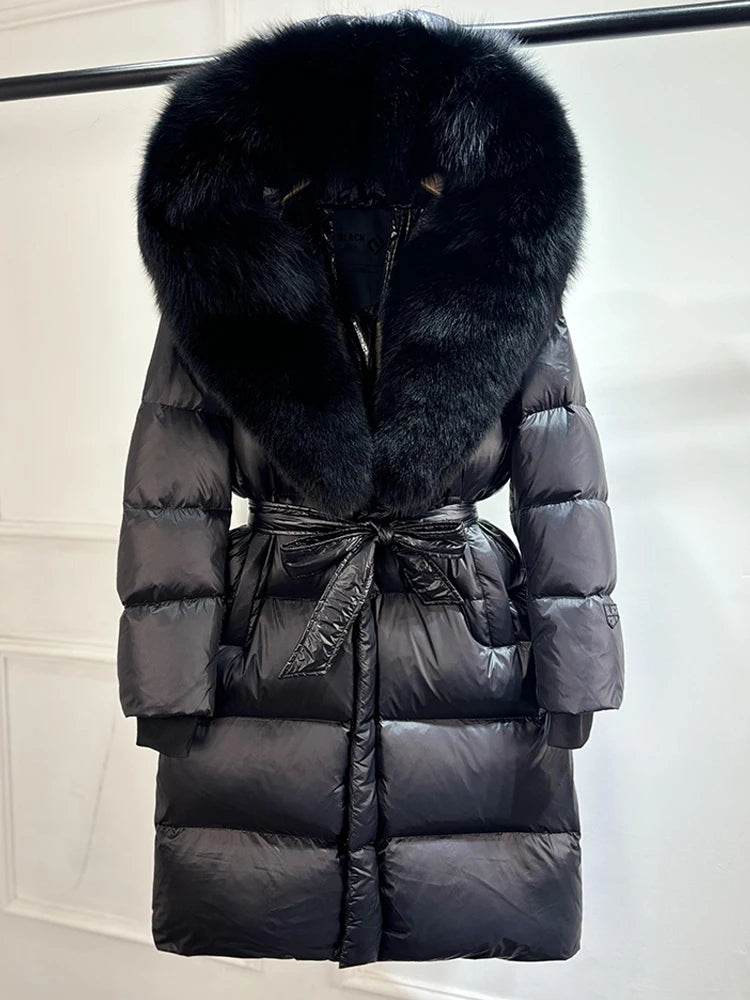 Janveny Winter Real Natural Fox Fur Hooded Long Puffer Down Jacket Women 90% Goose Down Coat Thick Warm Female Shiny Parkas