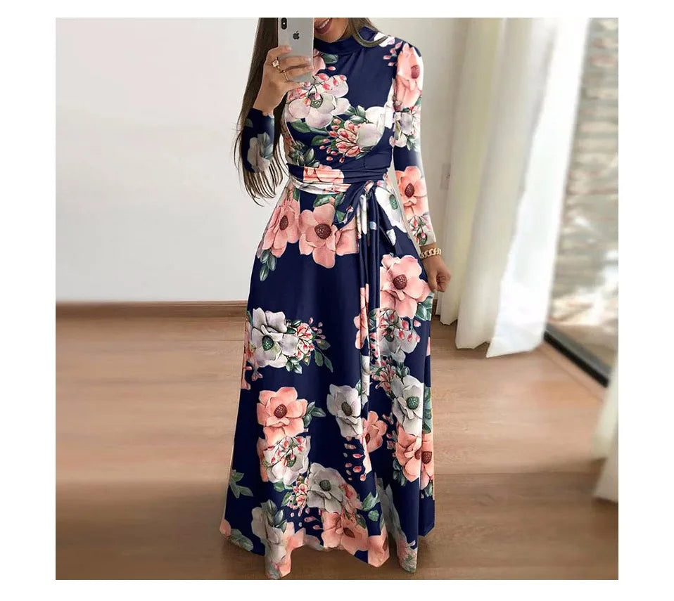 Women Summer Maxi Dress 2025 Casual Long Sleeve Boho Floral Print LOOSE Dress Turtleneck Bandage Elegant Party Dresses Vestidos
