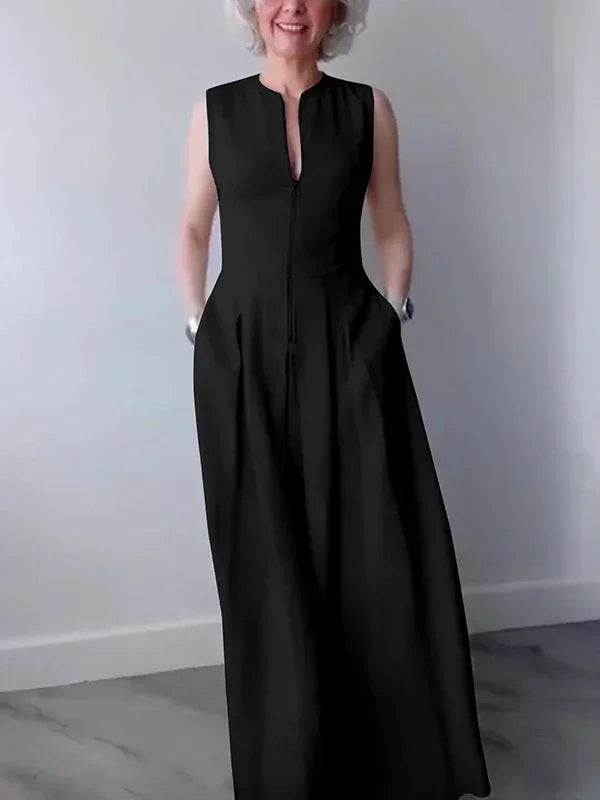 Lemongor Women Fashion Solid Color Zipper A-Line Dress 2025 New Summer Sleeveless Pockets Pleated Party Evening Maxi Dresses