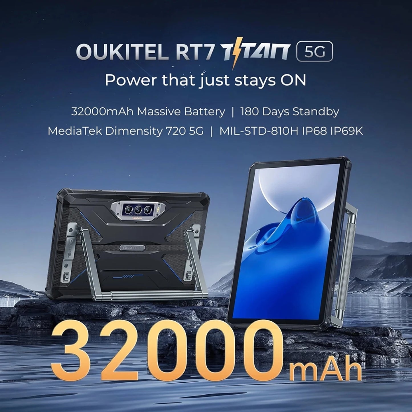 OUKITEL RT7 TITAN 5G Rugged Tablet IP68/IP69K 12GB+256GB 10.1" FHD+ 48MP+20MP 32000mAh MediaTek Dimensity 720 Android 13 Tablets