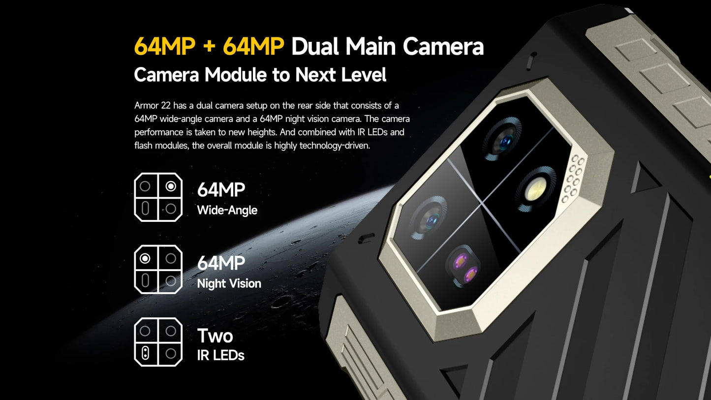Ulefone Armor 22 Rugged Phone ,16GB (8GB+8GB) RAM ,128GB/256GB ROM , Android 13 Smartphone,NFC 64MP 4G Phone