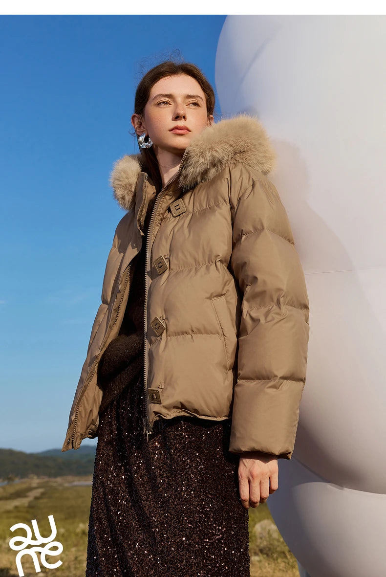 TOYOUTH Women Down Jacket 2024 Winter New 90% White Duck Down Fur Collar Hooded Warm Jacket Coat