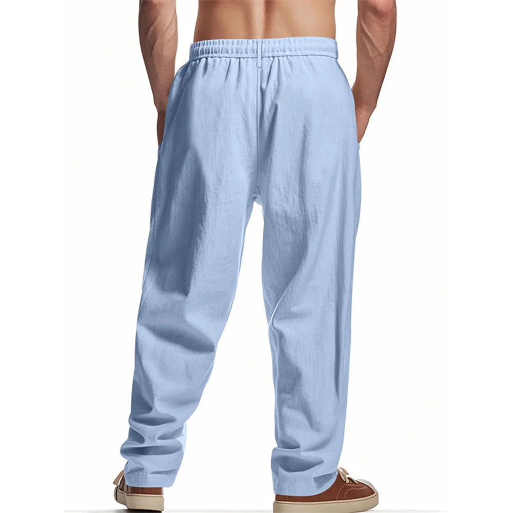 Autumn New Men's Cotton Pants Solid Color Button Drawstring Design Casual Loose Fit Cozy Trousers Simple Style Long Pants