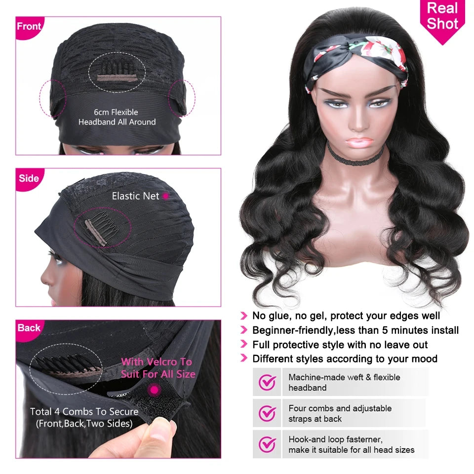 Body wave Headband Wig 250% Human Hair Wigs For Women Brazilian Straight Wig 8"-34" Remy Human Hair Wig 200% Machine Made Wig