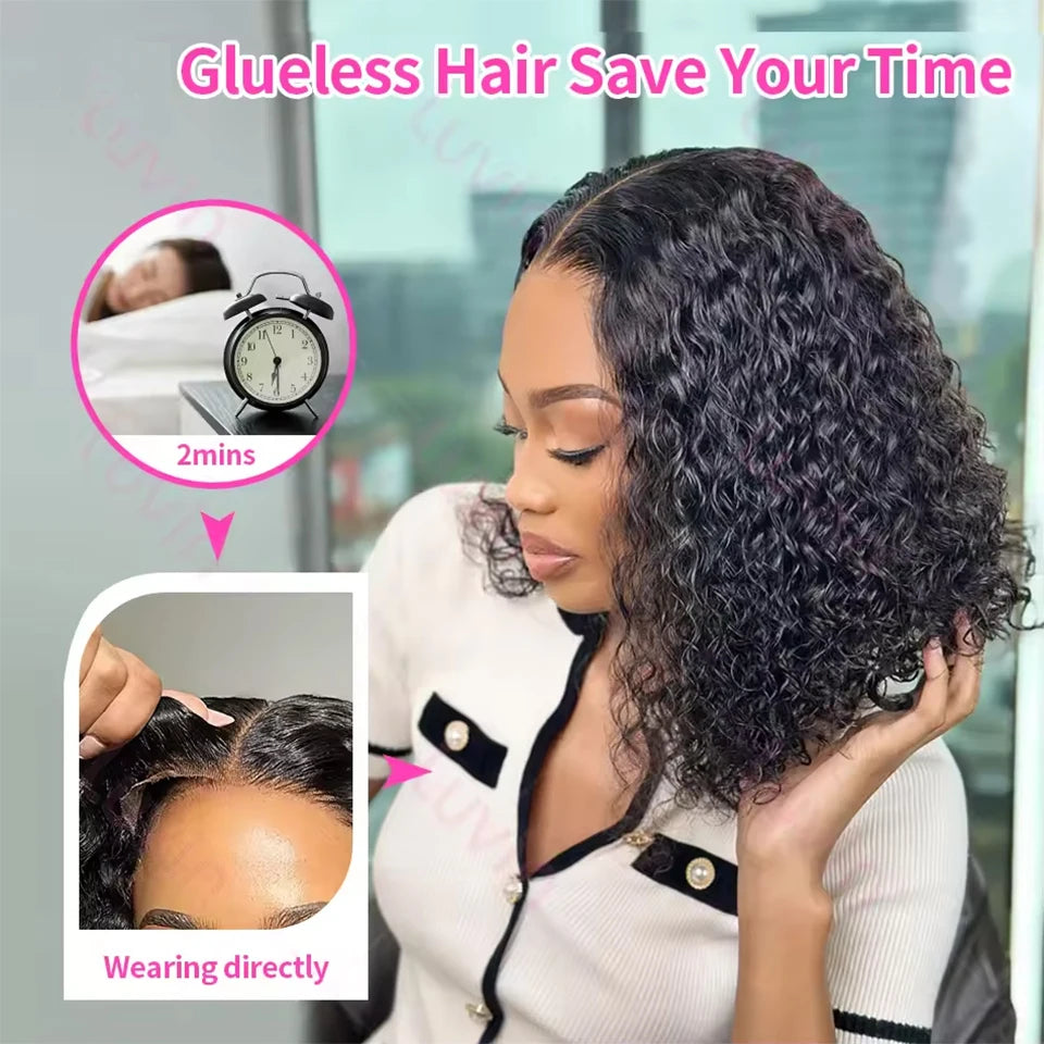 Glueless Wigs 100% Human Hair Ready To Wear Kinky Curly Short Bob Wigs For Women Deep Curly Lace Front Wigs Pre Plucked Natural