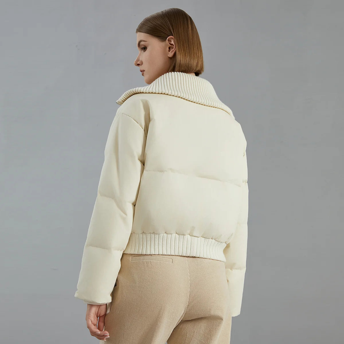 BC835 White goose down with large lapel warm zipper long-sleeved down jacket 100 cashmere warm coat