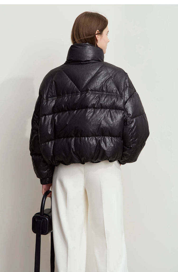 AMII Minimalist Women's Down Coat 2024 Winter Warm Thick Lapel Stand Collar Imitation Leather Duck Down Female Jacket 12444025