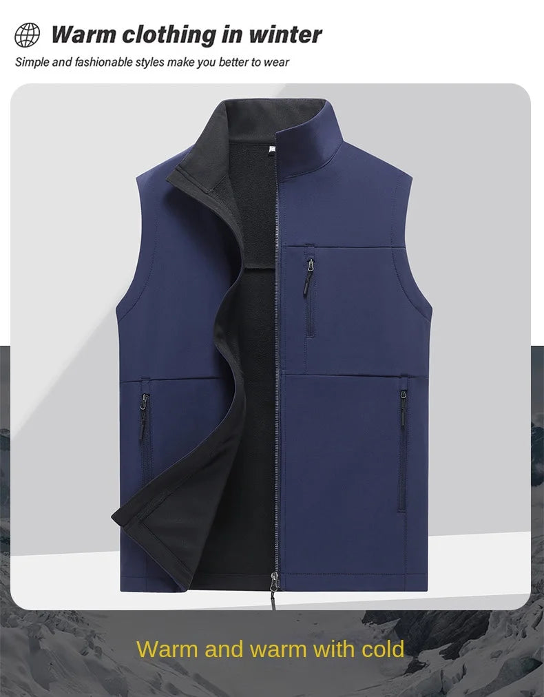 Soft shell thick vest men's autumn and winter work clothes plush jacket waterproof sleeveless windproof running sports vest