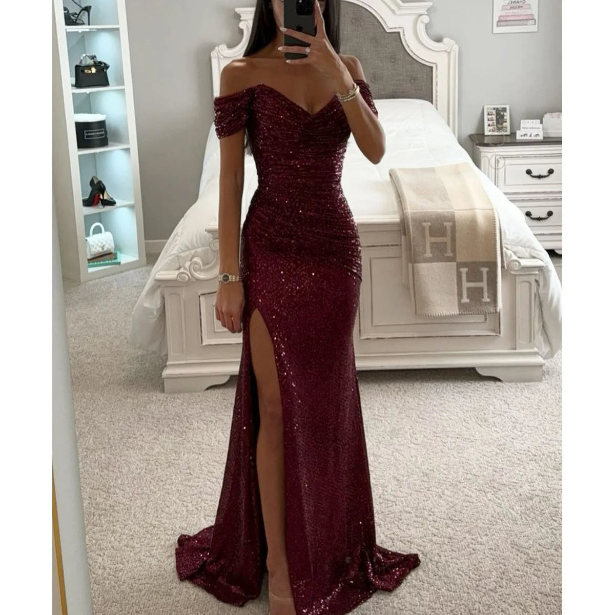 Women's Sexy Party Maxi Dress New Sequined One-line Collar Slit Dress Casual Fashion Prom Eveging Dresses For Women Robe Femme