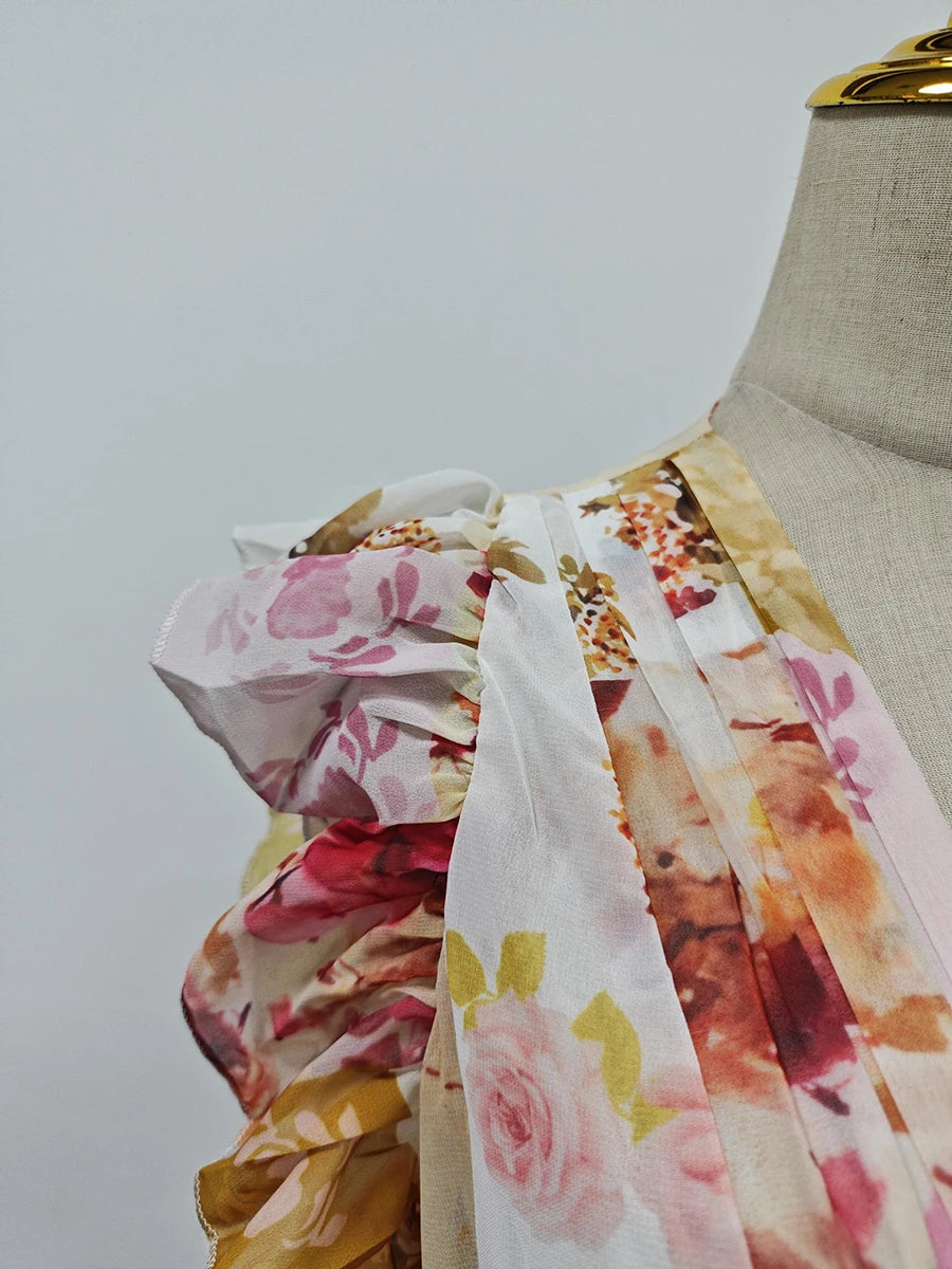 VGH Runway Style Maxi Dresses for Women V Neck Sleeveless High Waist Patchwork Ruffles Edge French Sexy Printed Dress Female New