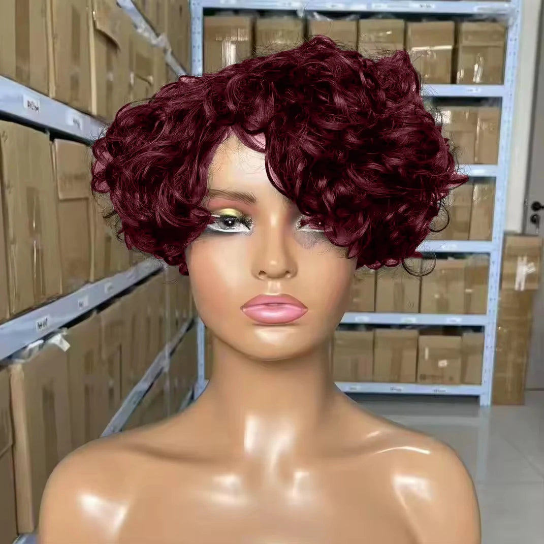 Chocolate brownMachine Made Wig Indian Human Hair Pixie Cut Wig Short Kinky Curly Loose Curly Non Lace Wigs with Bangs for Women