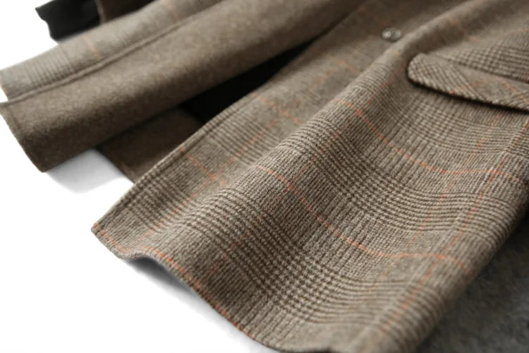 Handmade Sewn Double-sided Woolen Blazer Women Spring Autumn Plaid Wool Overcoat Office Lady Casual Suit Coat Thick Jacket