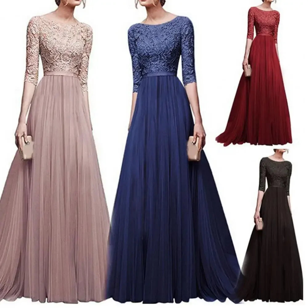 Women Maxi Dress Lace Flower Embroidery Pleated Floor Length Women Chiffon Long Dress Elegant Evening Gown Prom Party Dresses