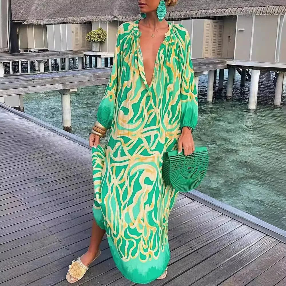 Women Maxi Dresses Summer Long Sleeve V-Neck Dress Fashion Printed Female Vacation Beach Long Dress Lady Elegant Loose  Robes
