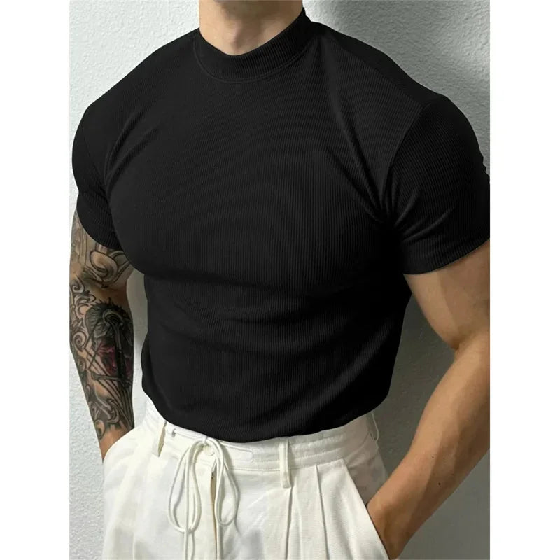 spring summer Elastic Comfortable Men's T-shirt Small high collar stripe shirt short sleeve fitness tops sports casual T-shirt