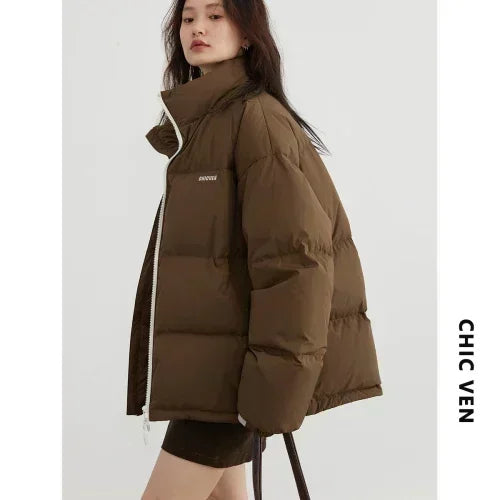 CHIC VEN Women Down Coats Streetwear Solid 90 White Duck Down Stand Collar Female Down Jacket Warm Ladies Overcoat Winter 2024