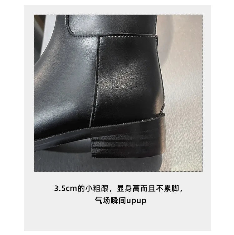 Genuine Leather Thick-Soled Autumn Winter New Style Chunky Heel Rhinestone Buckle High Tube Riding Over-The-Knee Long Boots