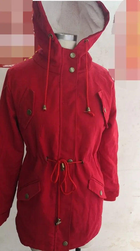 Women's Winter Jacket Warm Solid Plush Thickened Long Winter Coat Outdoor Hiking Hooded Casual Windproof Parka Coat Overcoat