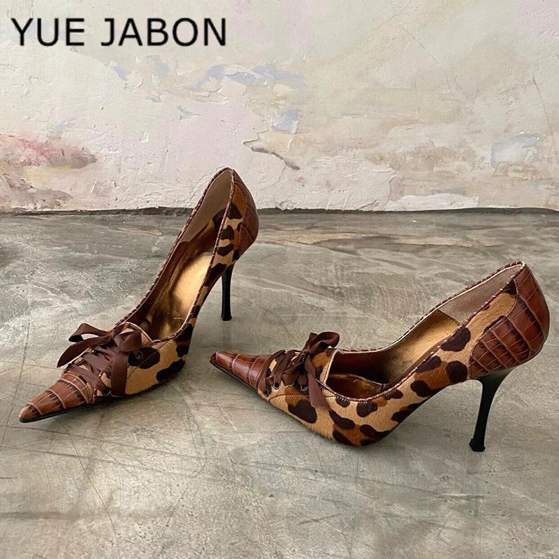 Sexy Leopard Print High Heels Women Black Pointed Toe Pumps Women Lace Up Elegant Designer Sandal Rhinestone Party Dress Shoes