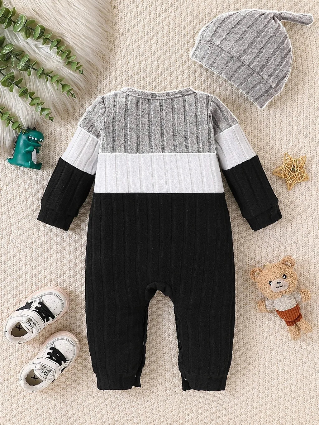 3 Colours Autumn Bodysuits Newborn Baby Boy Long Sleeve Colour Block Romper+Hat Simple Onesie Jumpsuit for Toddlers 1-18Months