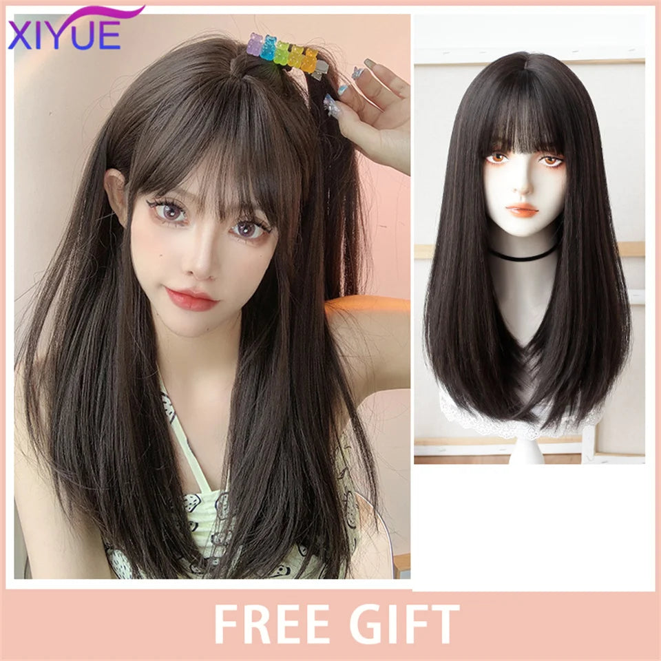XIYUE Long Straight Black Wig With Bang Synthetic Wigs for Women Heat Resistant Natural Hair for Daily Halloween Cosplay Party