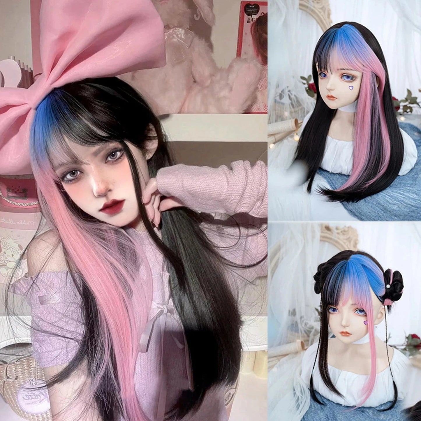 XIYUE Long Straight Black Wig With Bang Synthetic Wigs for Women Heat Resistant Natural Hair for Daily Halloween Cosplay Party