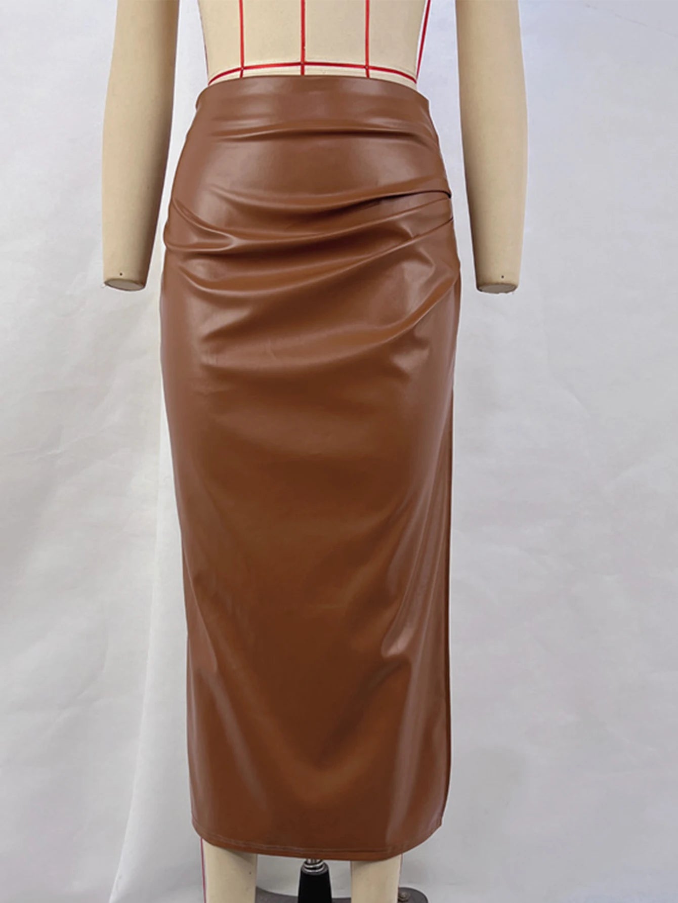 Sexy brown folds high waist PU summer maxi skirt women elegant party leather skirt woman clothing fashion streetwear long skirts